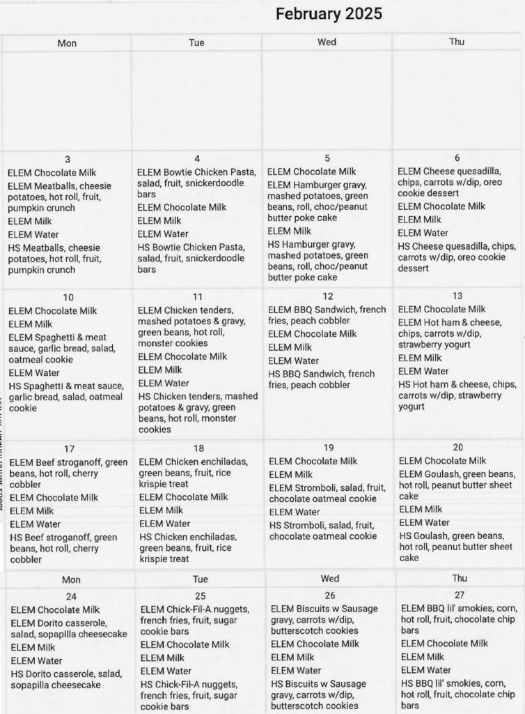 February Lunch Menu